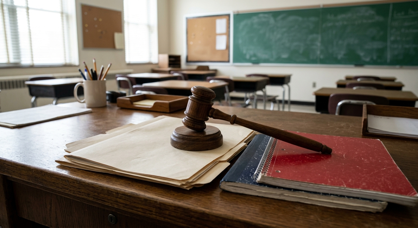 a wooden legal gavel resting on top of a stack of blank manila folders and closed notebooks on a teacher's desk in an empty American public school classroom, na