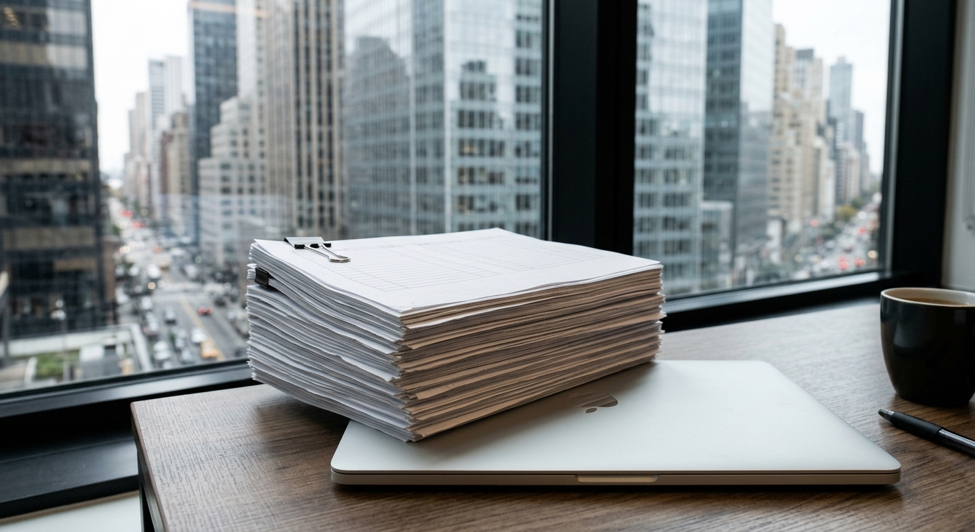 a thick stack of printed financial documents resting on a closed silver laptop on a modern office desk, with a blurred view of typical American high-rise office