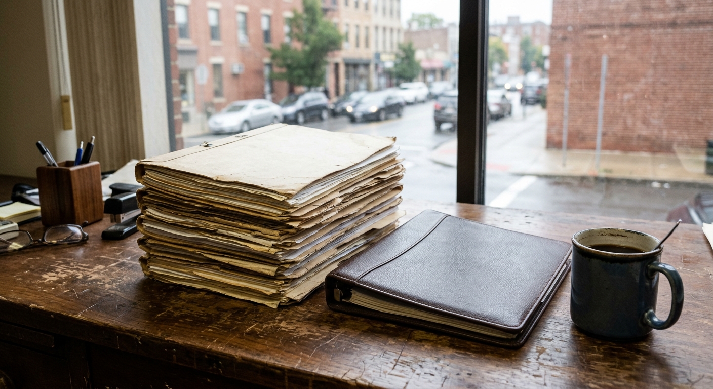 a stack of thick manila case files, a closed binder, and a ceramic coffee mug sitting on a worn wooden desk in an everyday office setting, with a slightly out-o