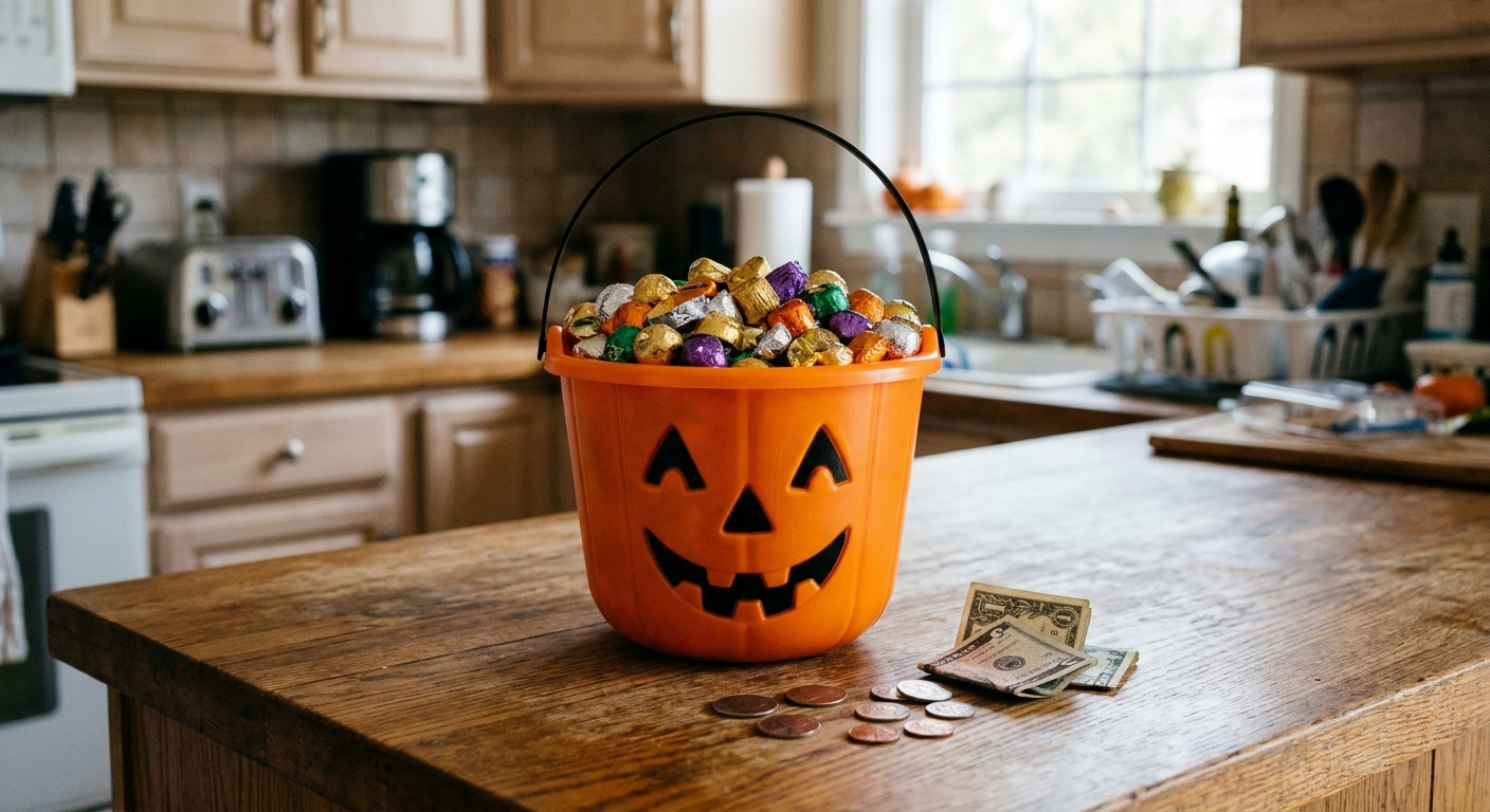 a classic orange plastic jack-o'-lantern bucket overflowing with unbranded, foil-wrapped chocolate candies, with several loose coins and folded currency notes s