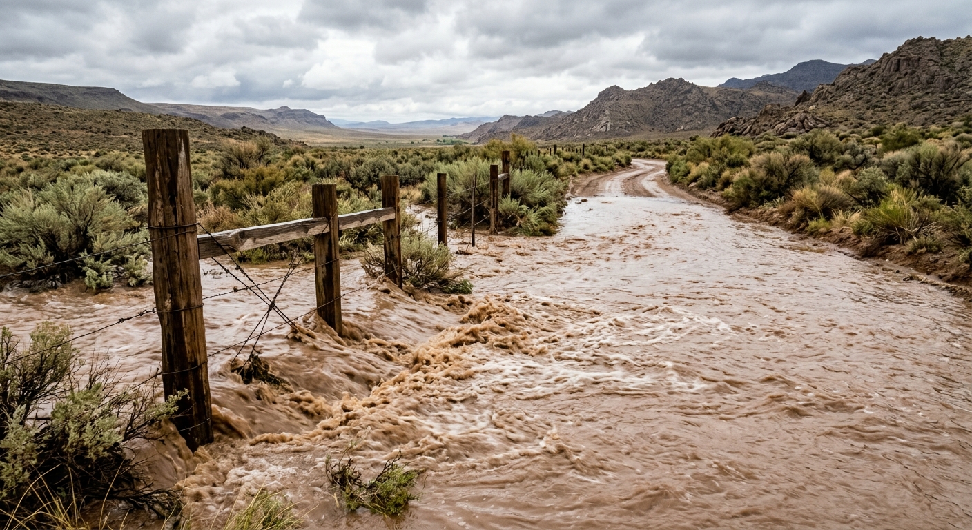 muddy brown floodwaters rushing over a rural road in the American Southwest, partially submerging a wooden fence and arid desert brush under a cloudy sky, natur