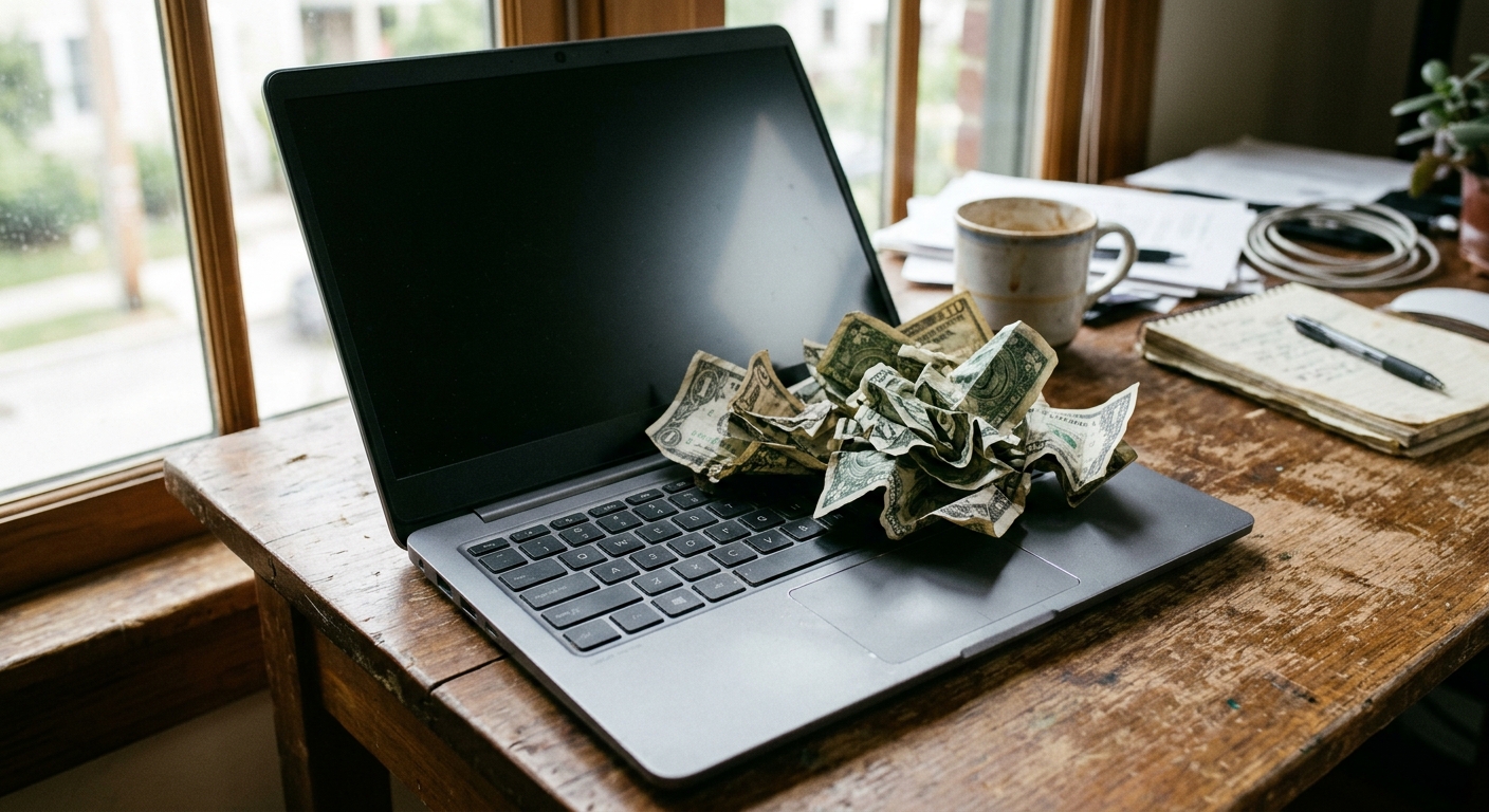 a close-up of an open laptop computer with a small pile of crumpled United States dollar bills resting on the keyboard, sitting on a messy wooden desk near a wi