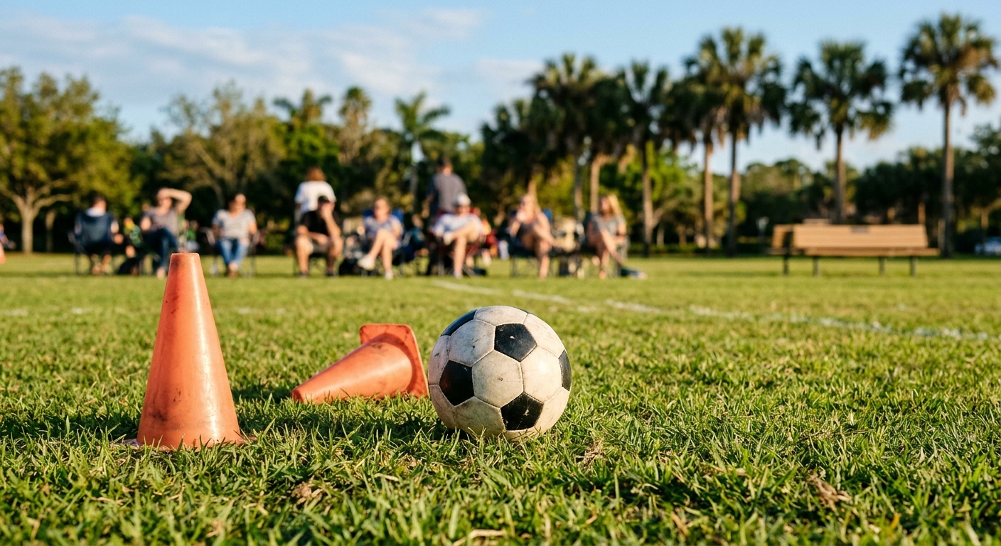 a small youth soccer ball resting on a grassy field next to orange training cones at a local community park, distant blurred figures of parents on the sidelines