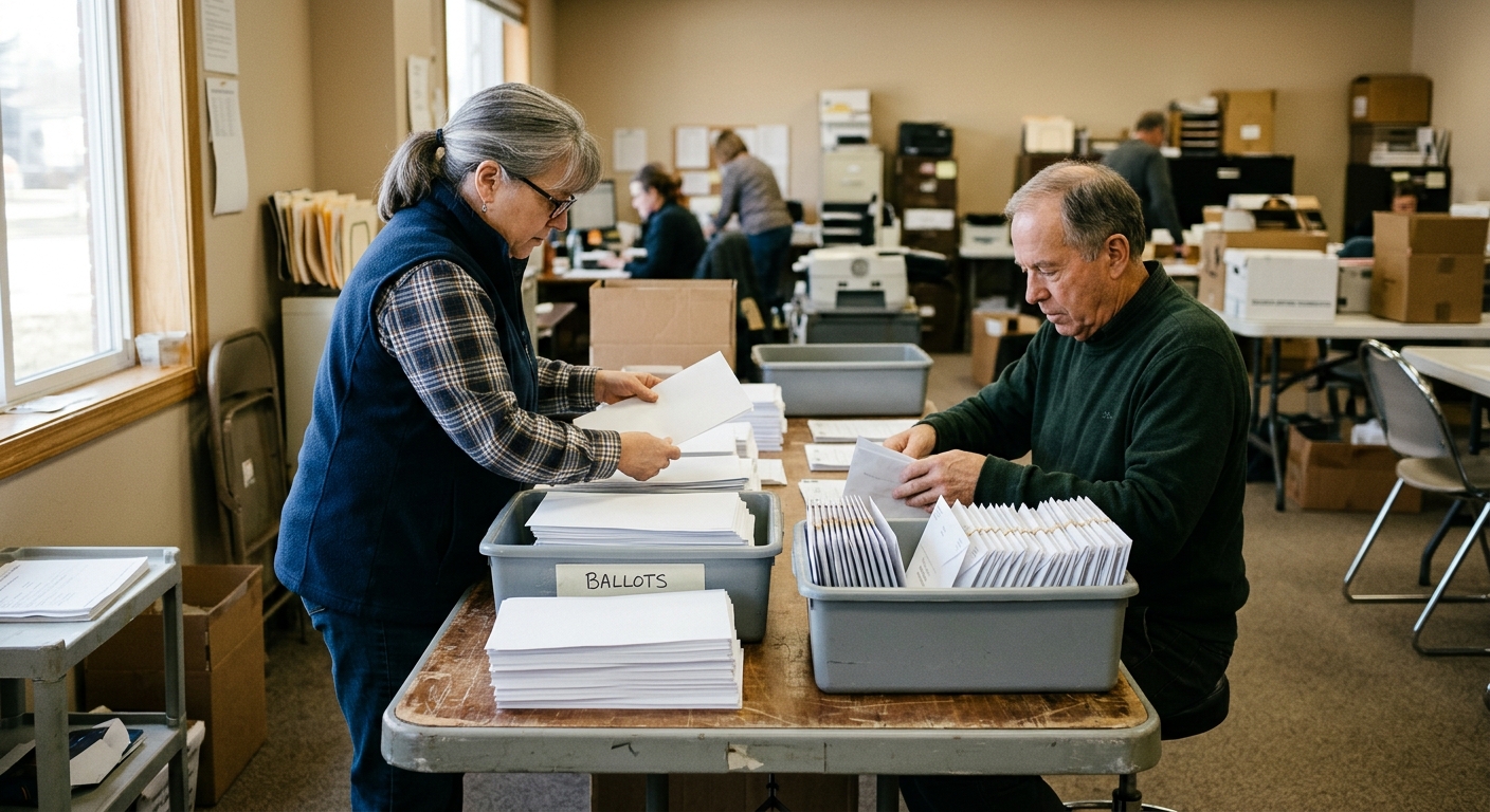 stacks of blank paper ballots and sealed voting envelopes being sorted into separate plastic bins on a folding table inside a plain municipal office, natural ev