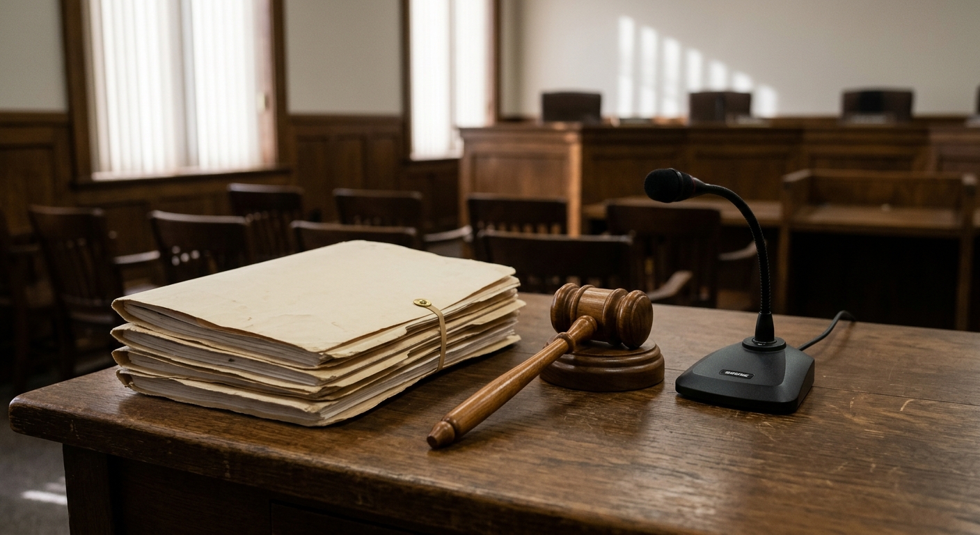 a stack of closed manila folders, a wooden gavel, and a small black microphone resting on a heavy oak desk in an empty local municipal government meeting room,