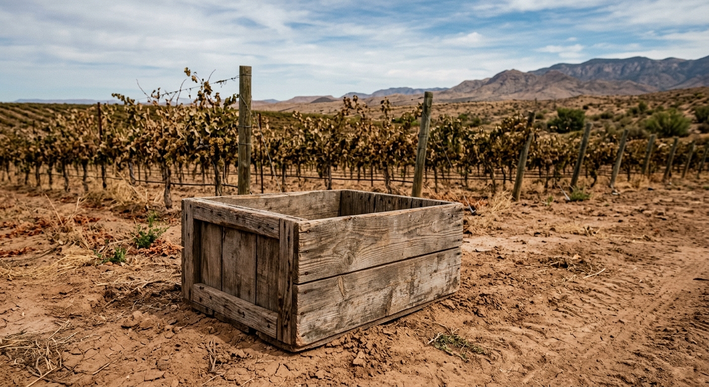 a weathered wooden harvest crate resting on the dry soil of a sprawling agricultural vineyard in the American Southwest, natural everyday lighting, shot on a DS