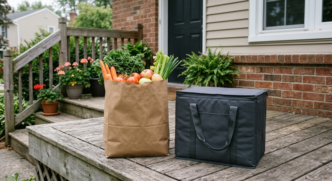 a plain brown paper grocery bag filled with fresh produce next to a generic insulated food delivery bag on the wooden front porch of a typical American suburban