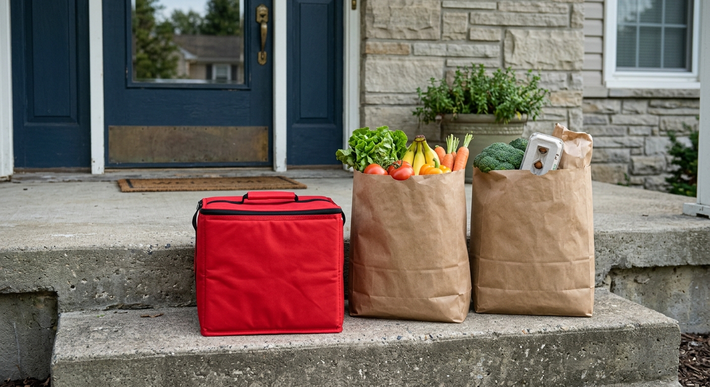 a generic red insulated delivery bag sitting next to two brown paper grocery sacks full of fresh produce on the concrete front steps of a typical American subur