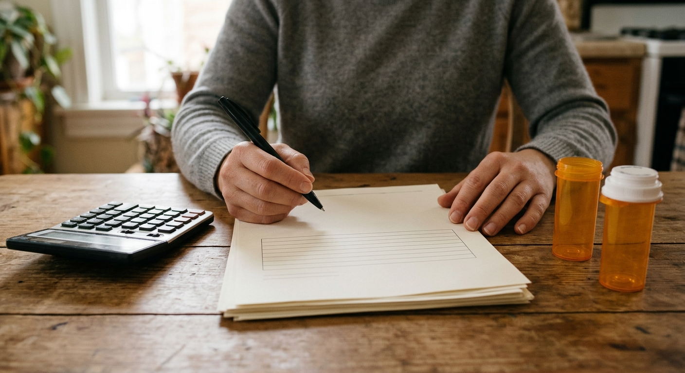 a person's hands holding a pen over a stack of blank official-looking forms and a basic calculator on a wooden kitchen table, with a couple of generic orange pr