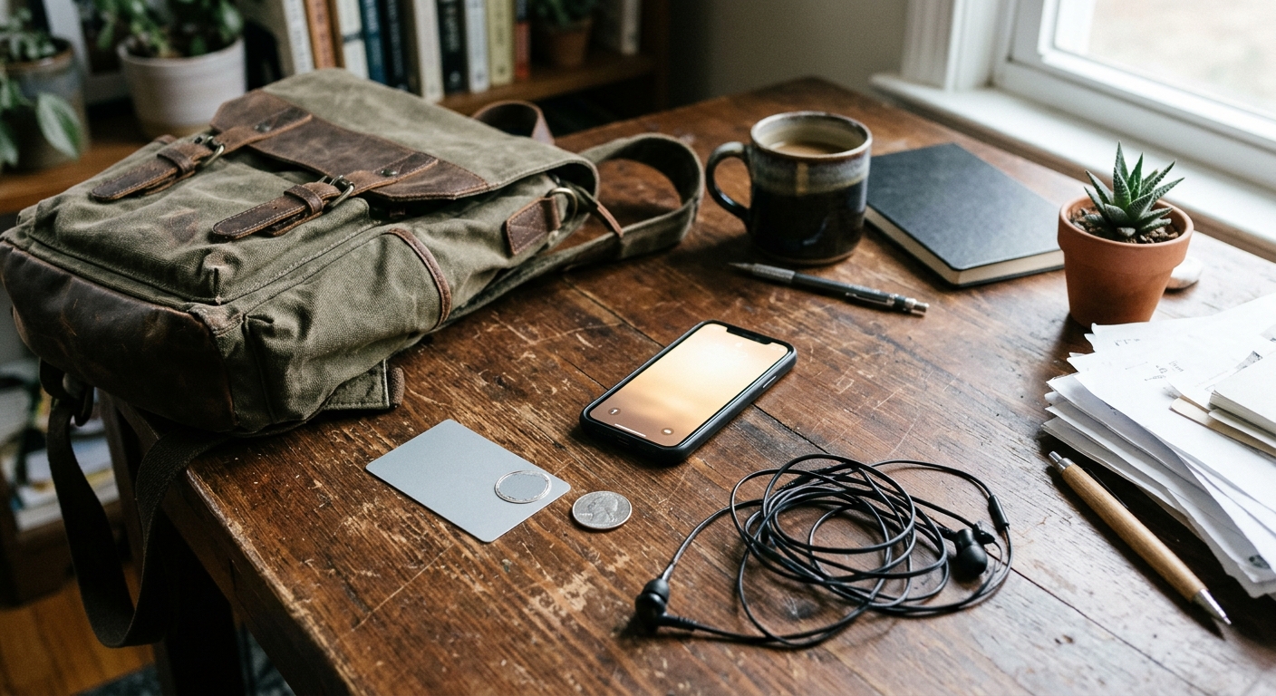 a smartphone glowing on a messy wooden desk next to a blank scratch-off card and a silver coin, surrounded by a casual canvas backpack and tangled headphones, n