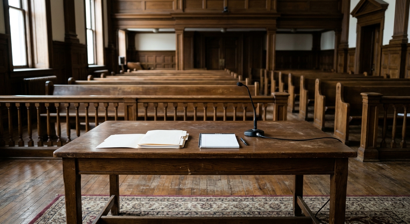 an empty wooden defense table inside a traditional American courtroom, featuring a few plain manila folders, a closed notepad, and a black microphone, with rows