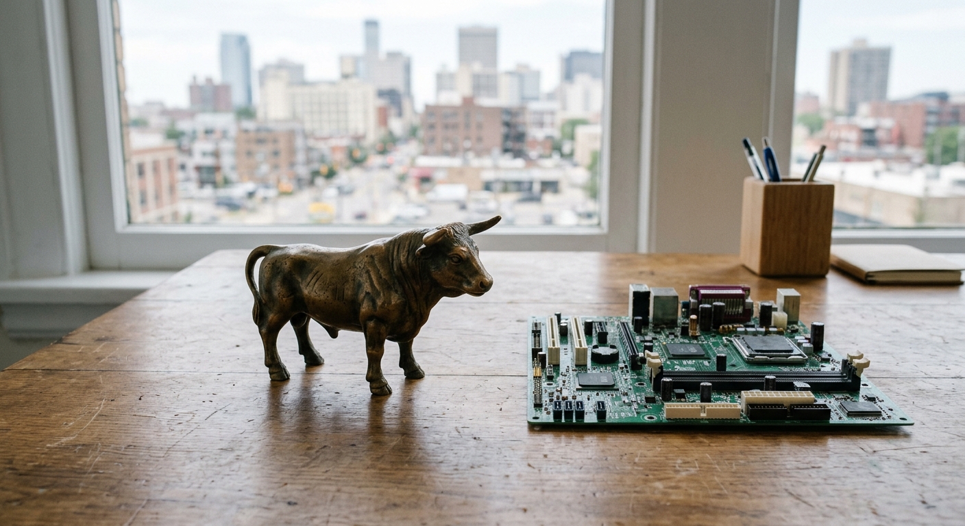 a small bronze bull figurine alongside a computer circuit board on a wooden office desk, with a window in the background showing a generic American city skyline