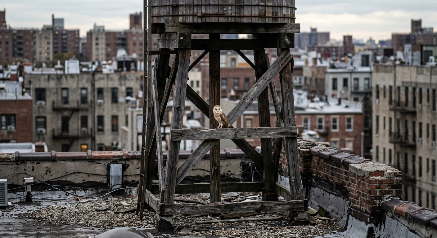 a single barn owl perched on the exposed wooden beams of a rooftop water tower in a densely populated city, surrounded by weathered brick and gravel, with blurr