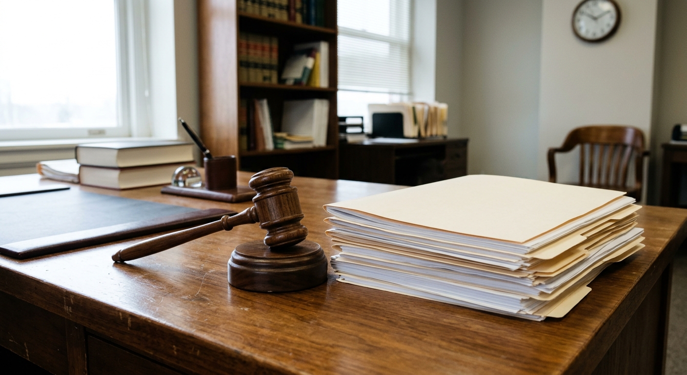 a wooden judge's gavel resting next to a thick stack of blank paper forms and manila folders on a polished wooden desk in an ordinary government office, natural
